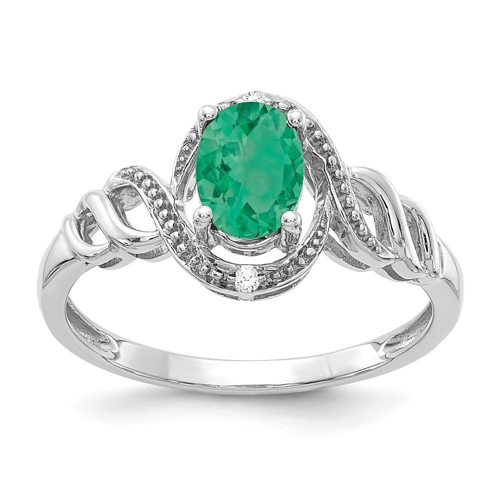 Million Charms 10k White Gold Green Emerald and Diamond Ring, Size 7